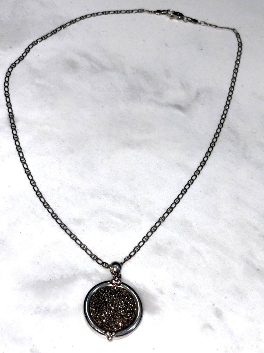Dark Silver Druzy Set in Round Bezel Pendant in Sterling Silver. Hallmarked
